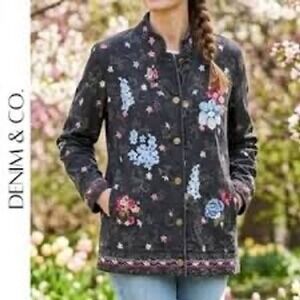 Denim & Co‎ Floral Embroidered Denim Chore Coat Jacket Black Size Large